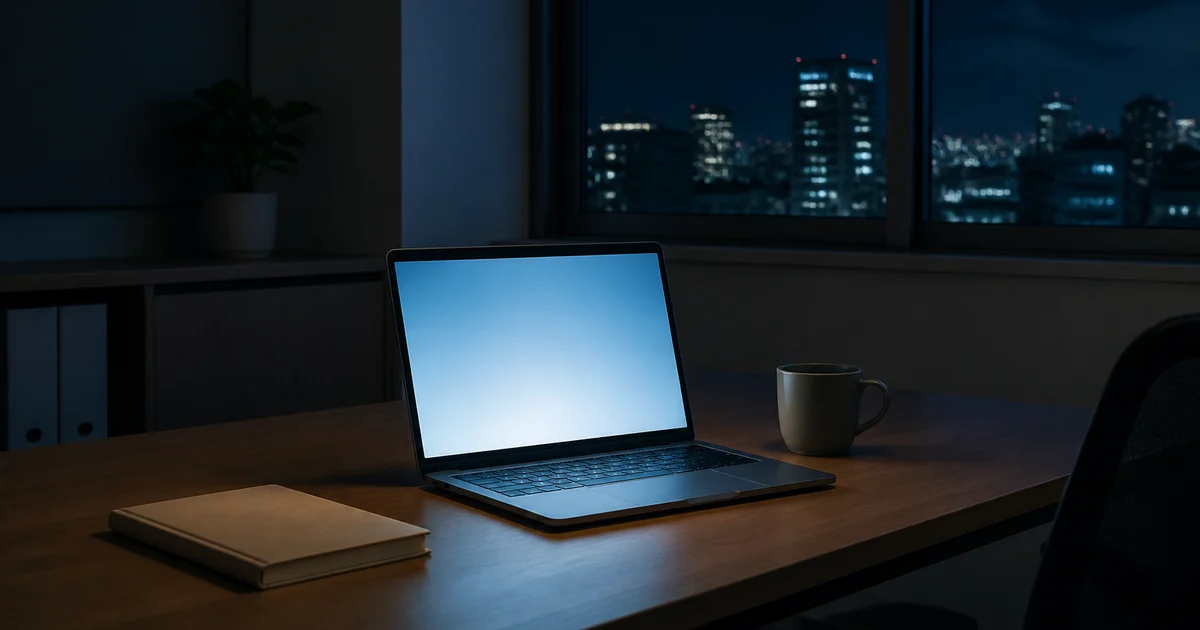 夜のオフィスで無人のまま稼働し続けるノートPC|長時間の自律作業のイメージ
