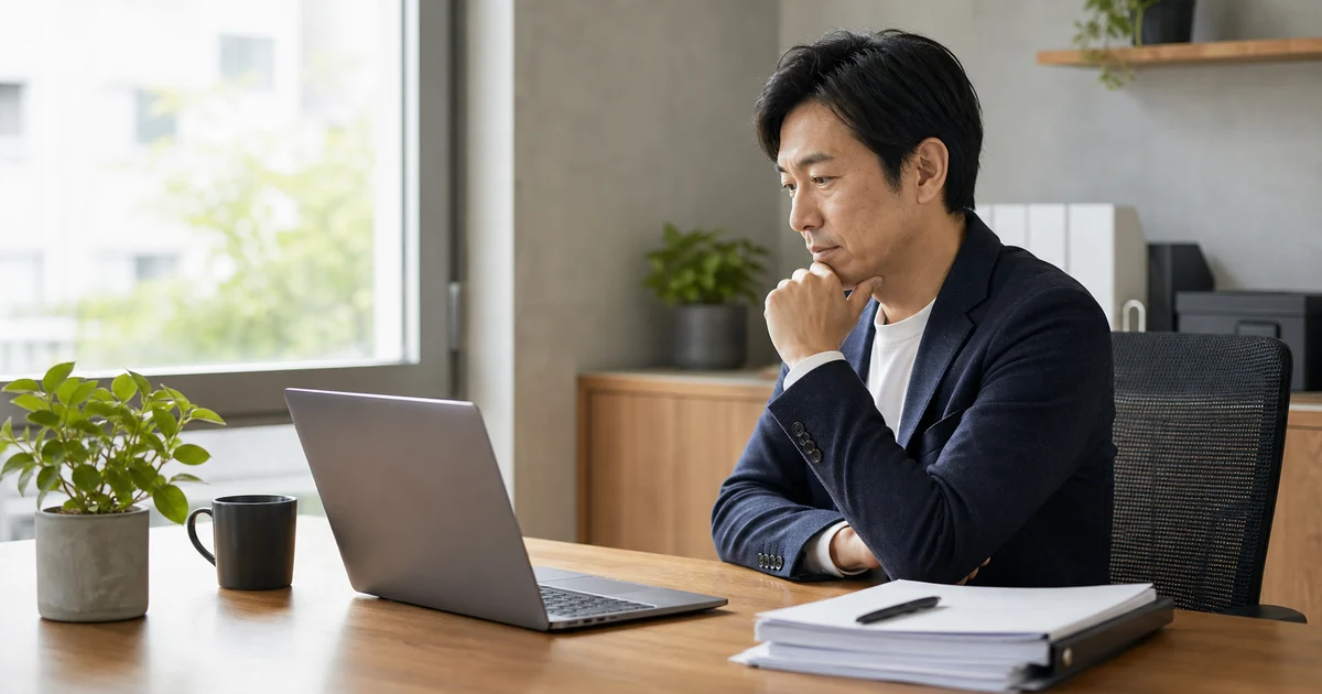 個人事業主がノートPCの前で仕事の重さを見極める様子|AIモデル使い分けのイメージ