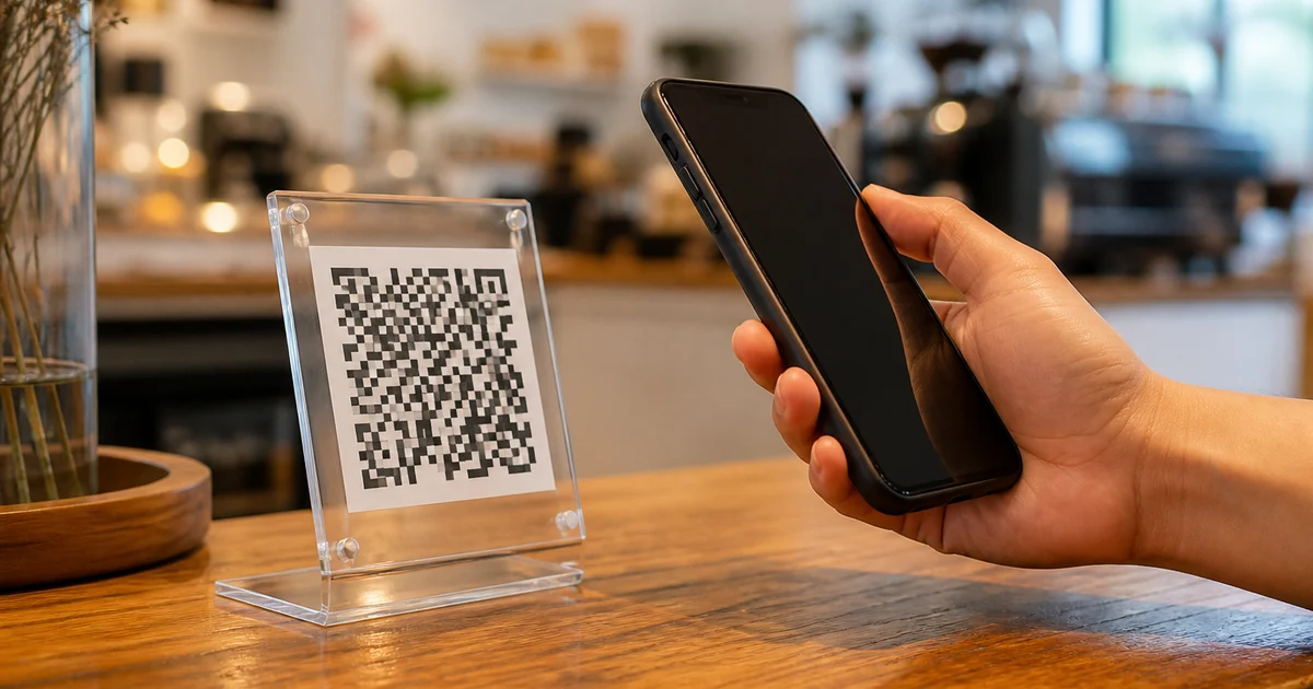 カフェのカウンターに置かれた予約用のQRコードとスマートフォン|LINE予約のイメージ