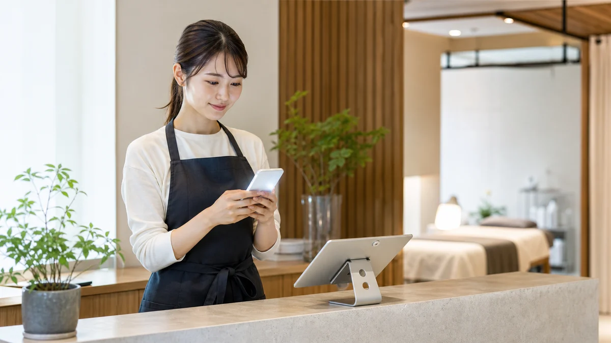 サロンの受付でスタッフがスマートフォンからLINE経由の予約を確認する様子